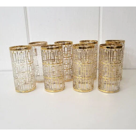 Imperial Glass Shoji Gold Trellis Drinking Glasses Set of Five Plus 3 Extras MCM - Picture 3 of 9